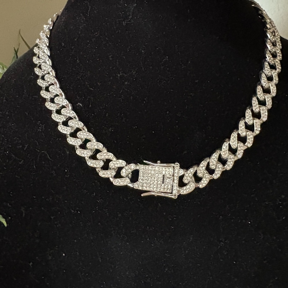 SILVER RHINESTONE CUBAN LINK NECKLACE / BRACELET SET